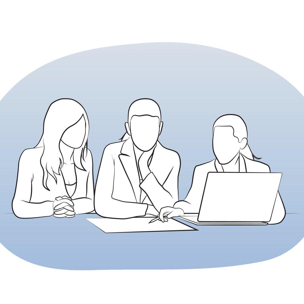 Business people discussing on table. Line art. vector