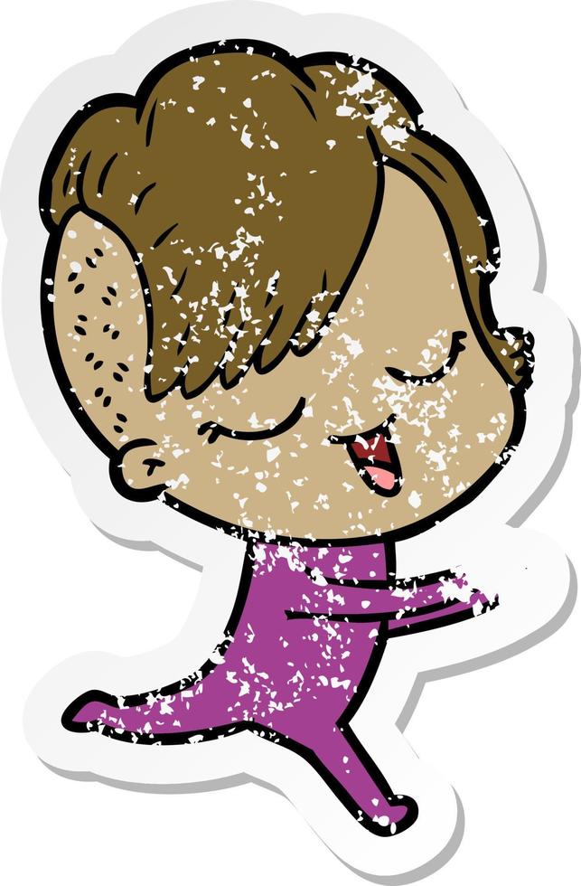 distressed sticker of a happy cartoon girl vector