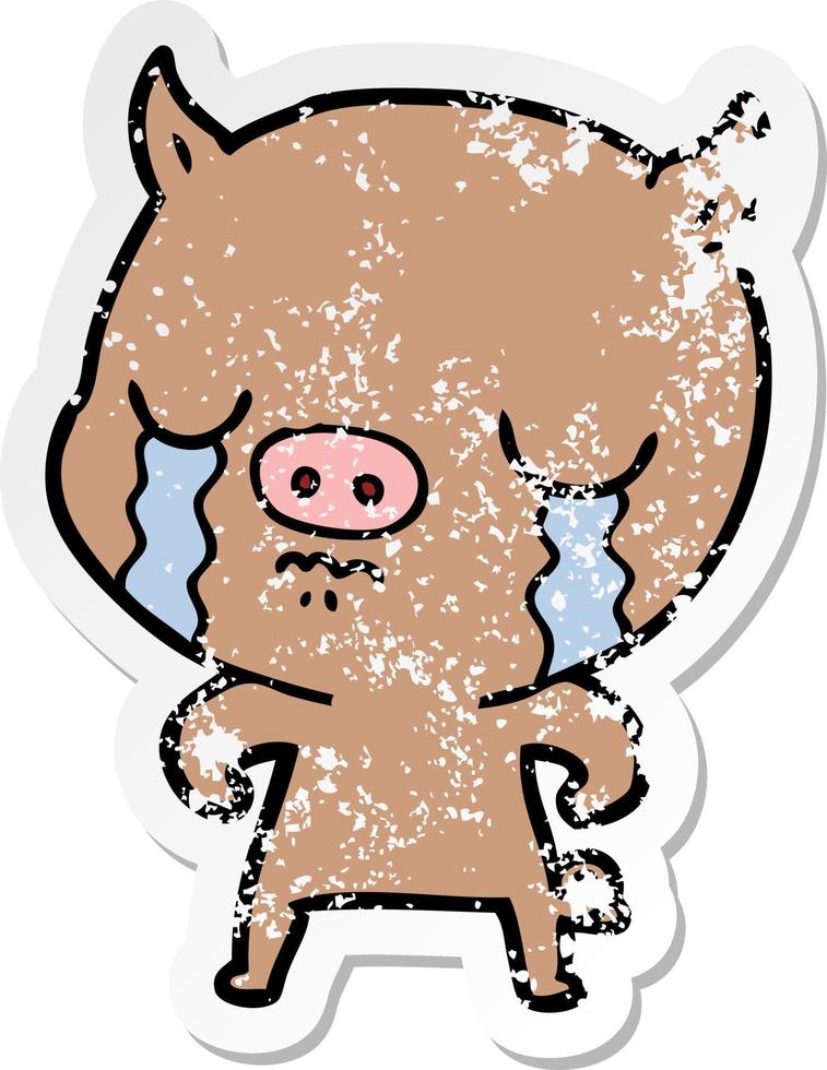 distressed sticker of a cartoon pig crying vector
