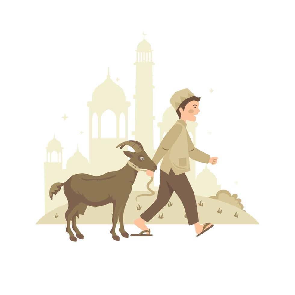 A Muslim with a goat for Eid al-Adha concept vector