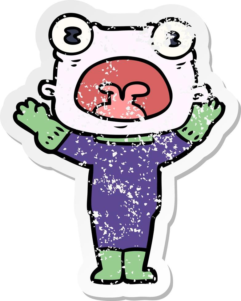distressed sticker of a cartoon weird alien communicating vector