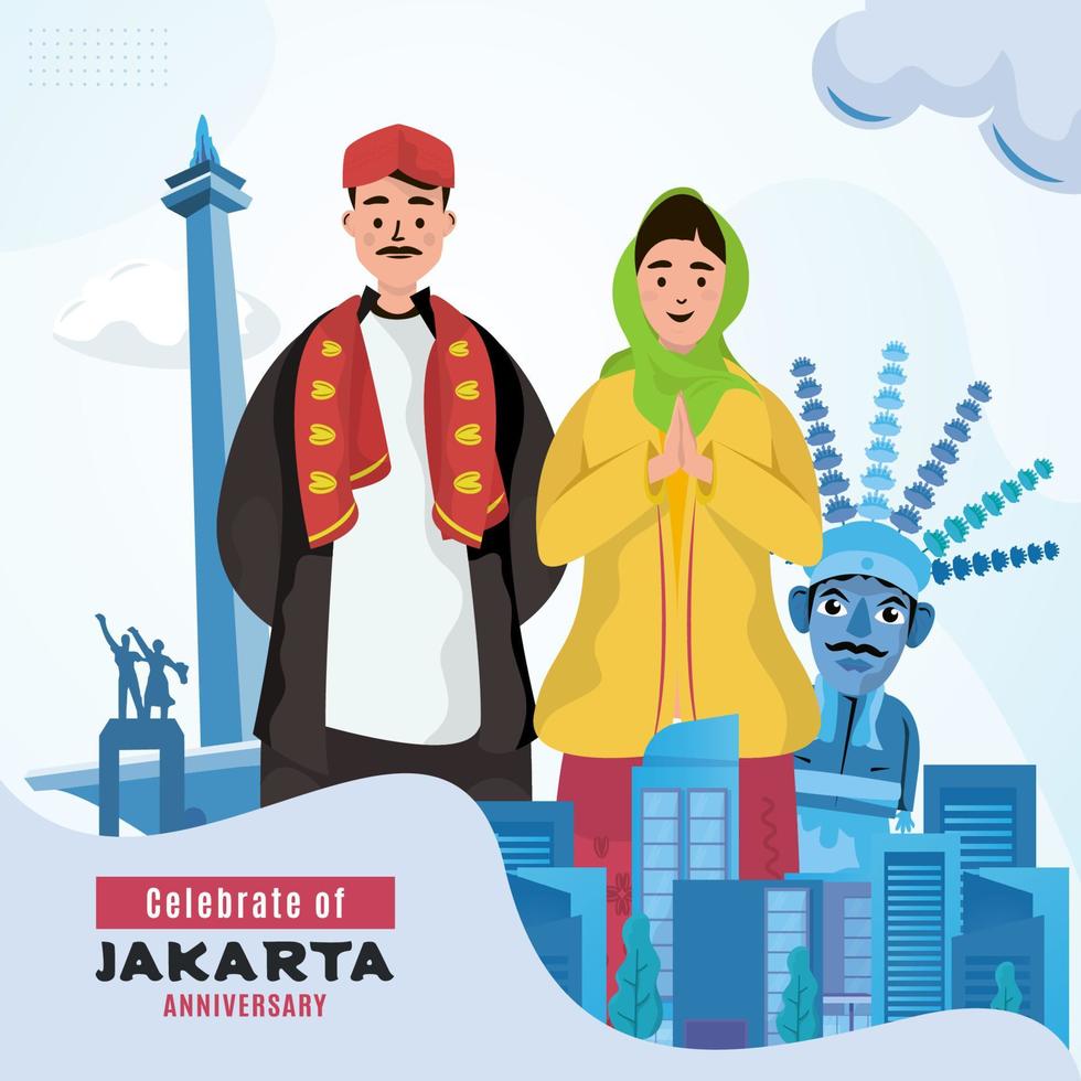 saludos de aniversario de jakarta de diseño plano vector