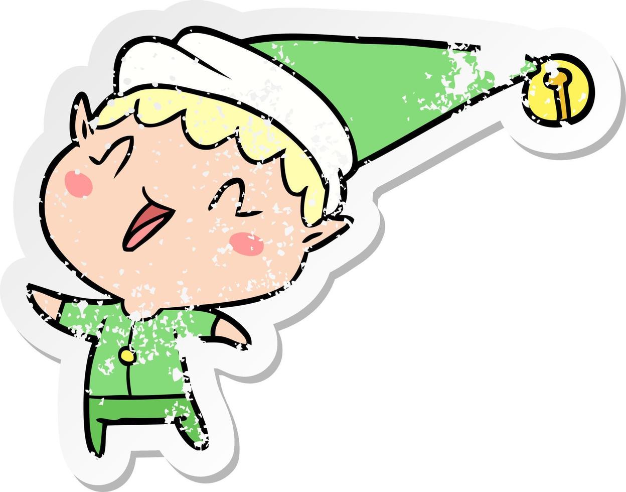 distressed sticker of a cartoon happy christmas elf vector