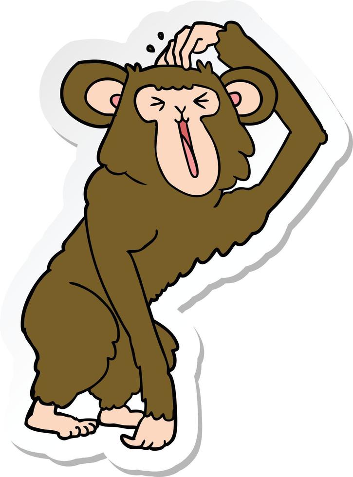 pegatina de un chimpancé de dibujos animados rascándose la cabeza vector