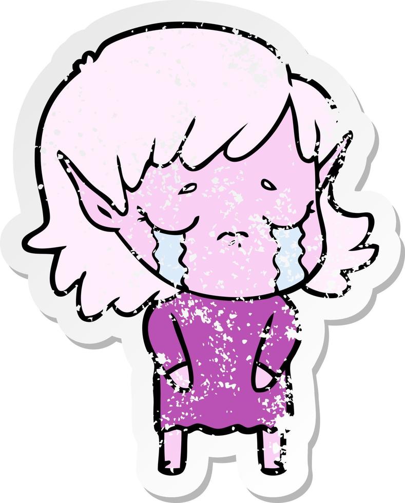 distressed sticker of a cartoon crying elf girl vector
