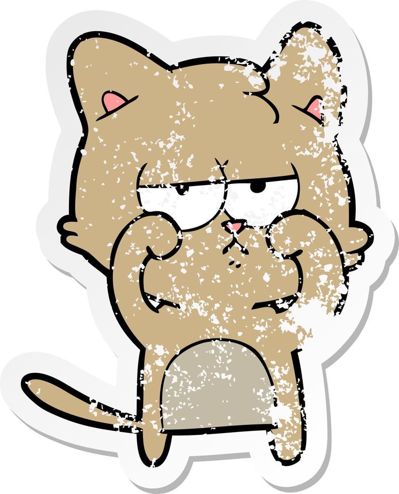 distressed sticker of a tired cartoon cat rubbing eyes vector