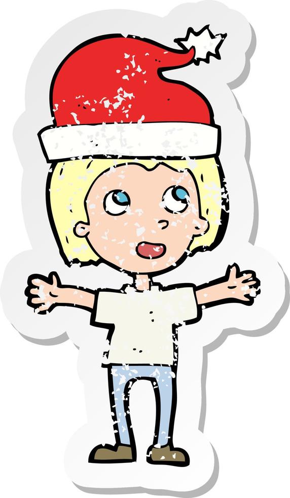 retro distressed sticker of a cartoon boy in christmas hat vector