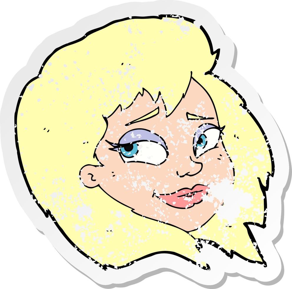 retro distressed sticker of a cartoon happy female face vector