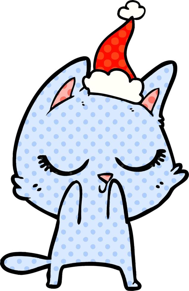 calm comic book style illustration of a cat wearing santa hat vector