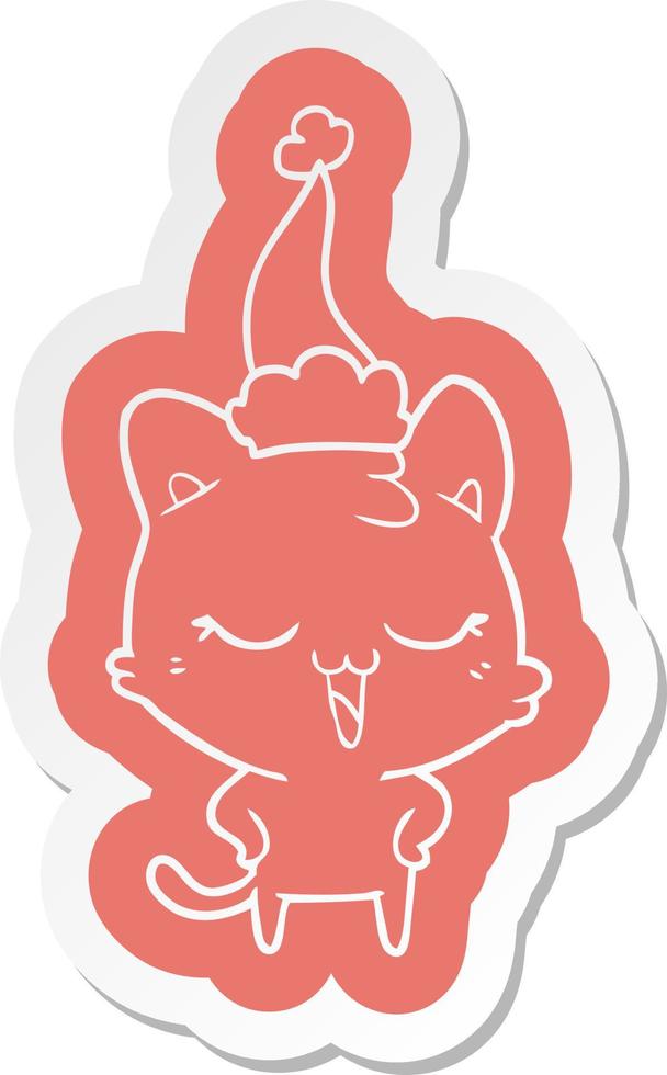 happy cartoon  sticker of a cat wearing santa hat vector