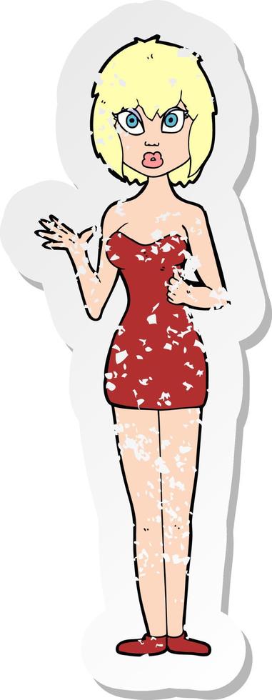 retro distressed sticker of a cartoon confused woman in cocktail dress vector