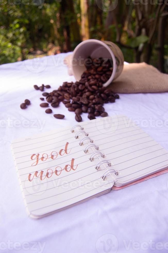 selective focus of coffee beans with diary writing isolated on white photo