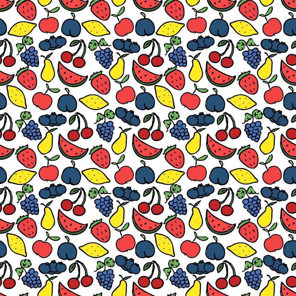 Seamless pattern with fruits icons. Colored doodle fruits pattern. Food background vector