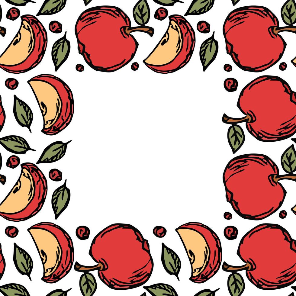 patrón de manzana transparente con lugar para texto. patrón de garabato transparente de color con manzanas rojas vector