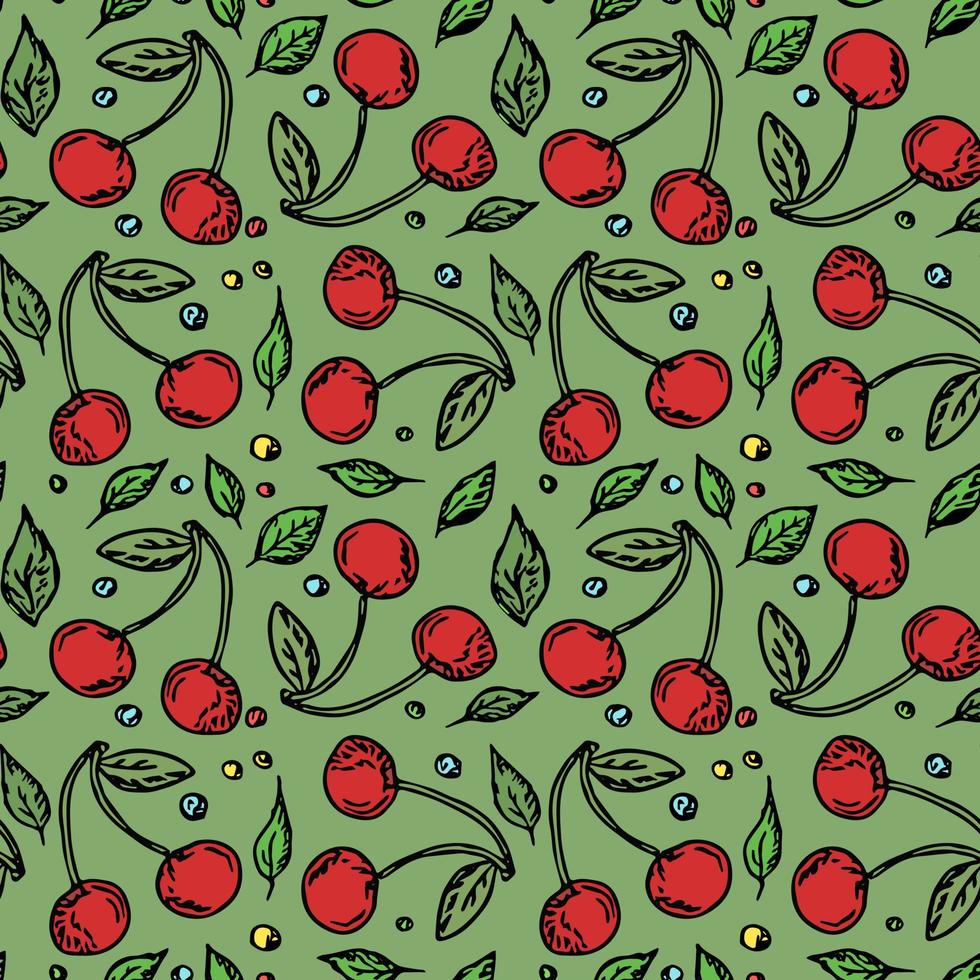 Seamless cherry pattern. Doodle vector with red cherry icons. Vintage cherry pattern