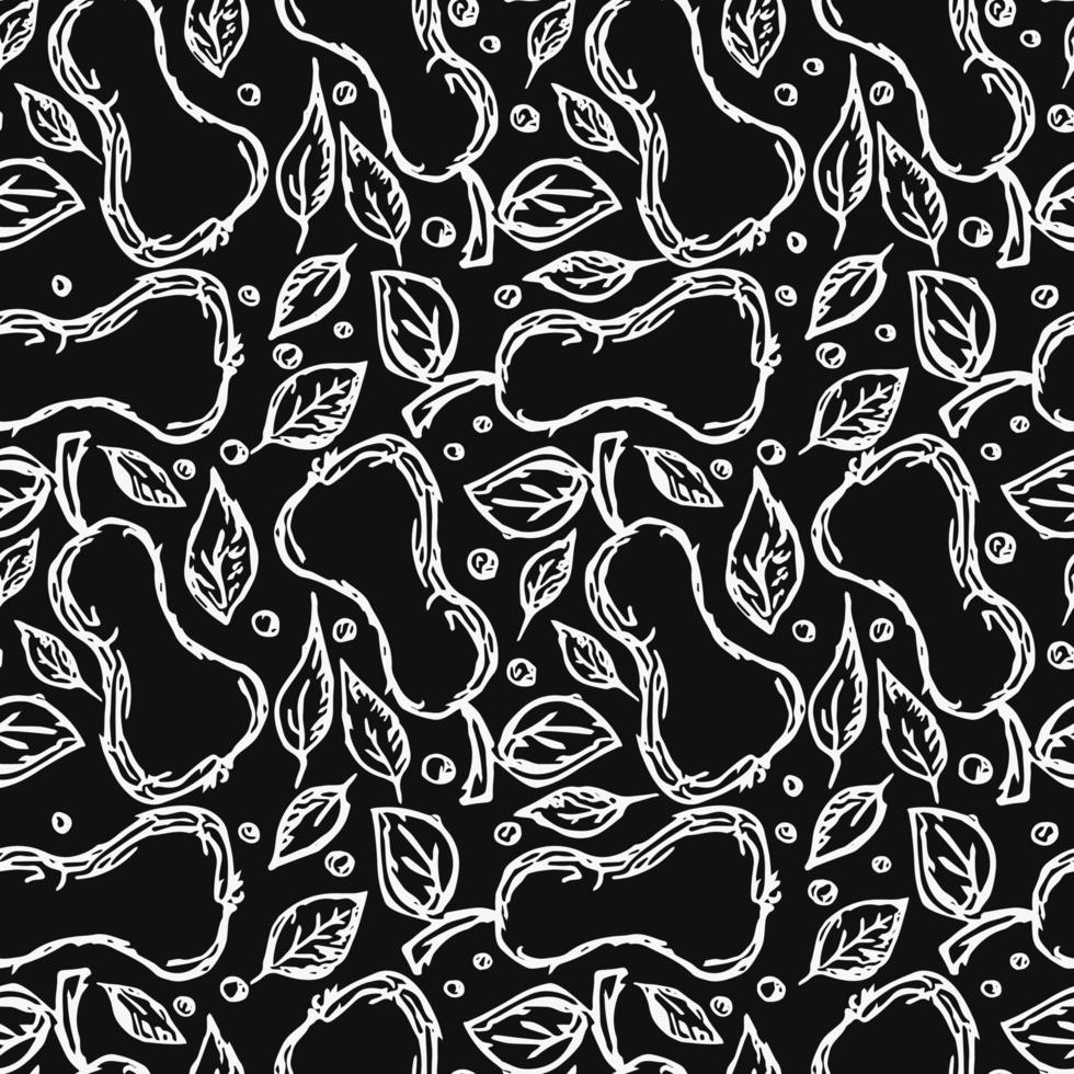 Seamless pear pattern. Black and white pear background. Doodle vector illustration with fruits