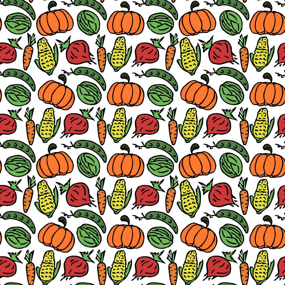 Seamless pattern with vegetables icons. Colored doodle vegetables pattern. Food background vector