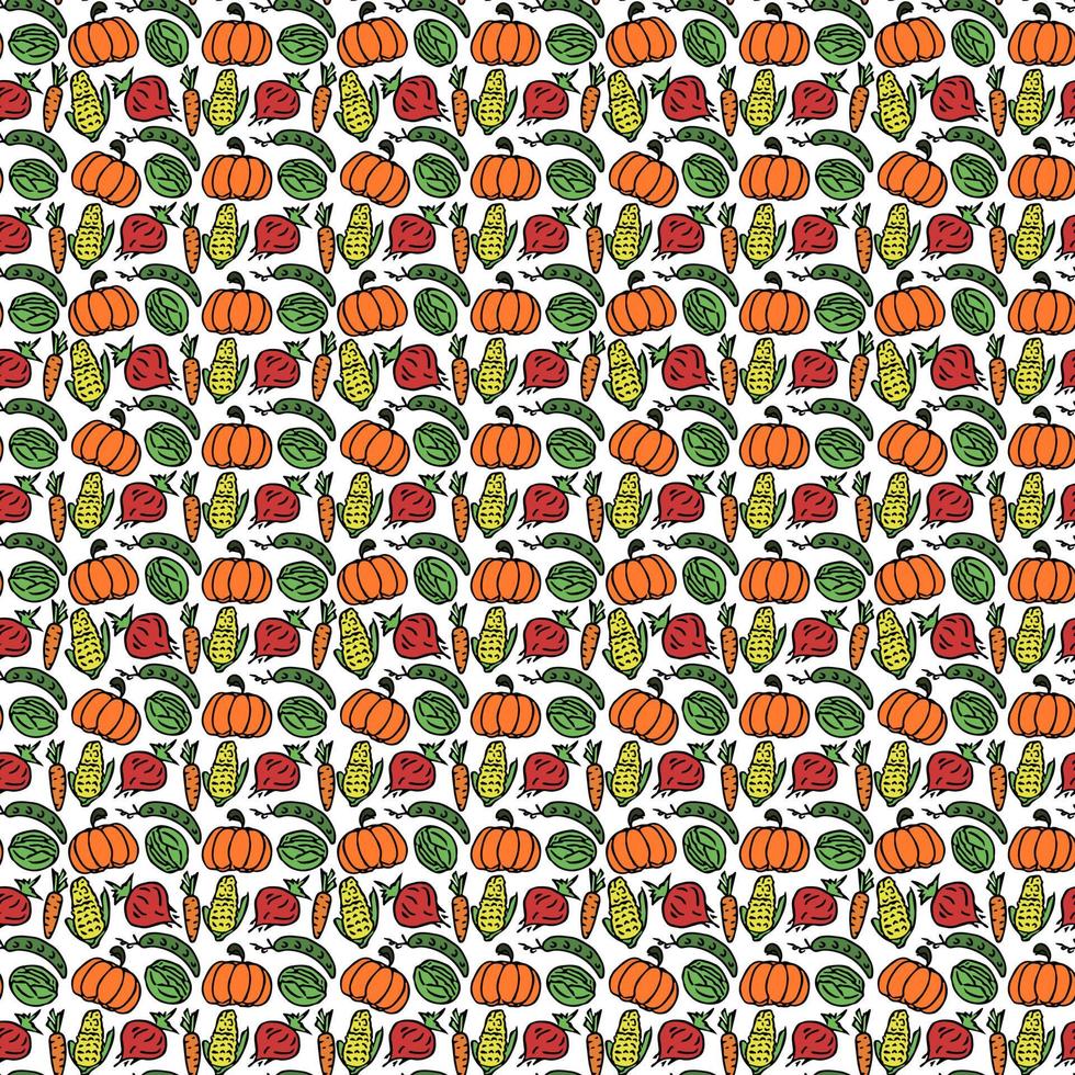 Seamless pattern with vegetables icons. Colored doodle vegetables pattern. Food background vector