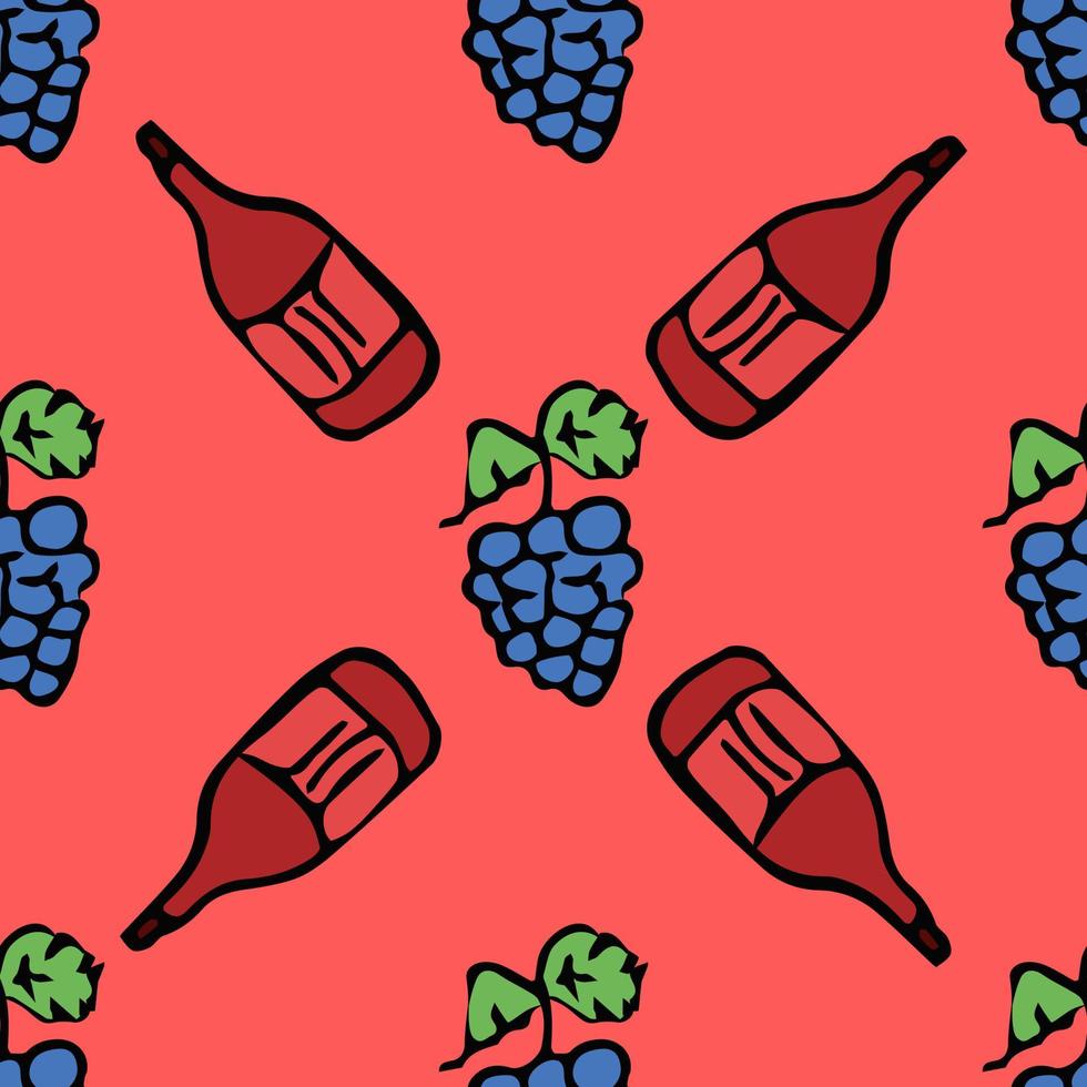 seamless wine pattern. vector doodle illustration with wine and grape. pattern with wine