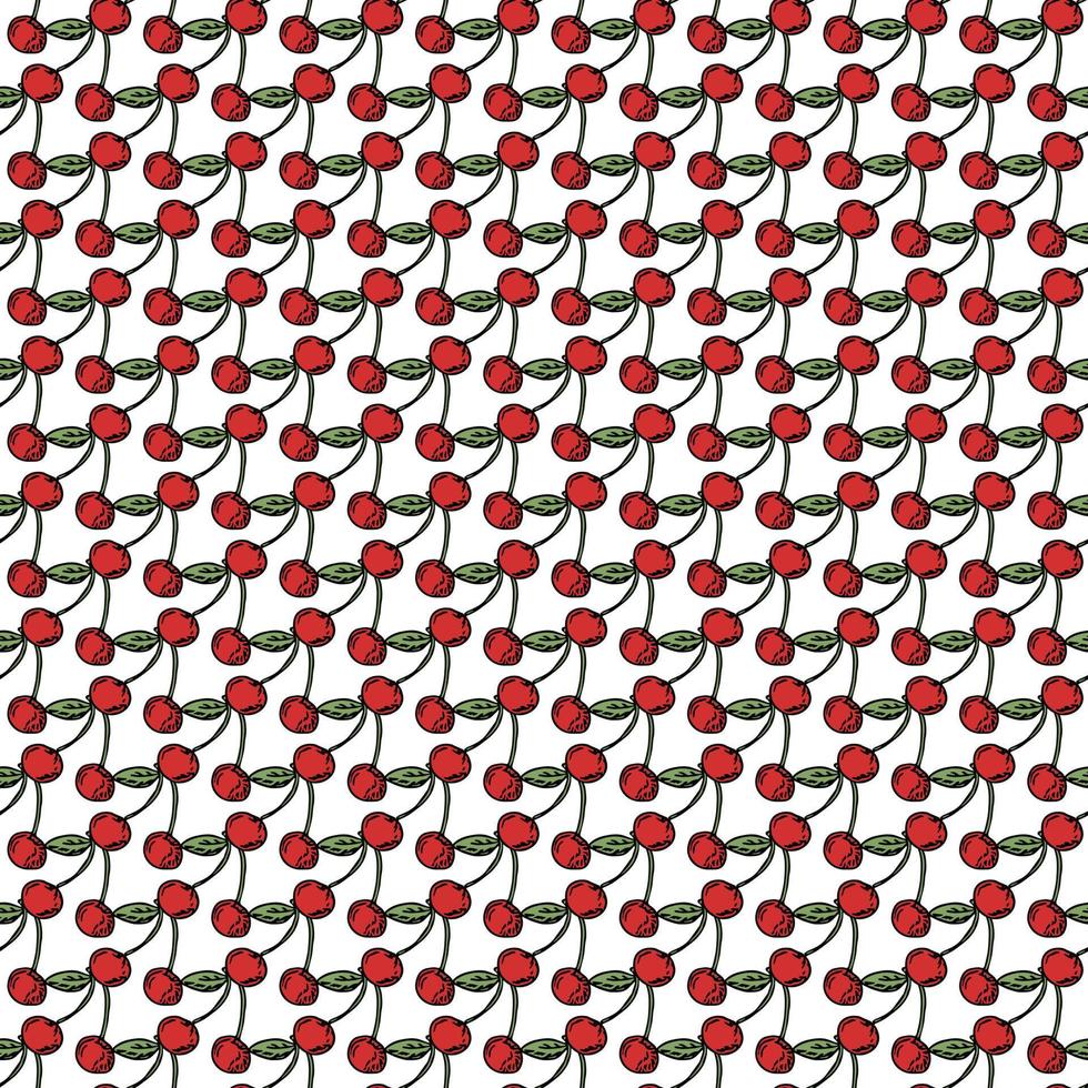 Seamless cherry pattern. Doodle vector with red cherry icons. Vintage cherry pattern