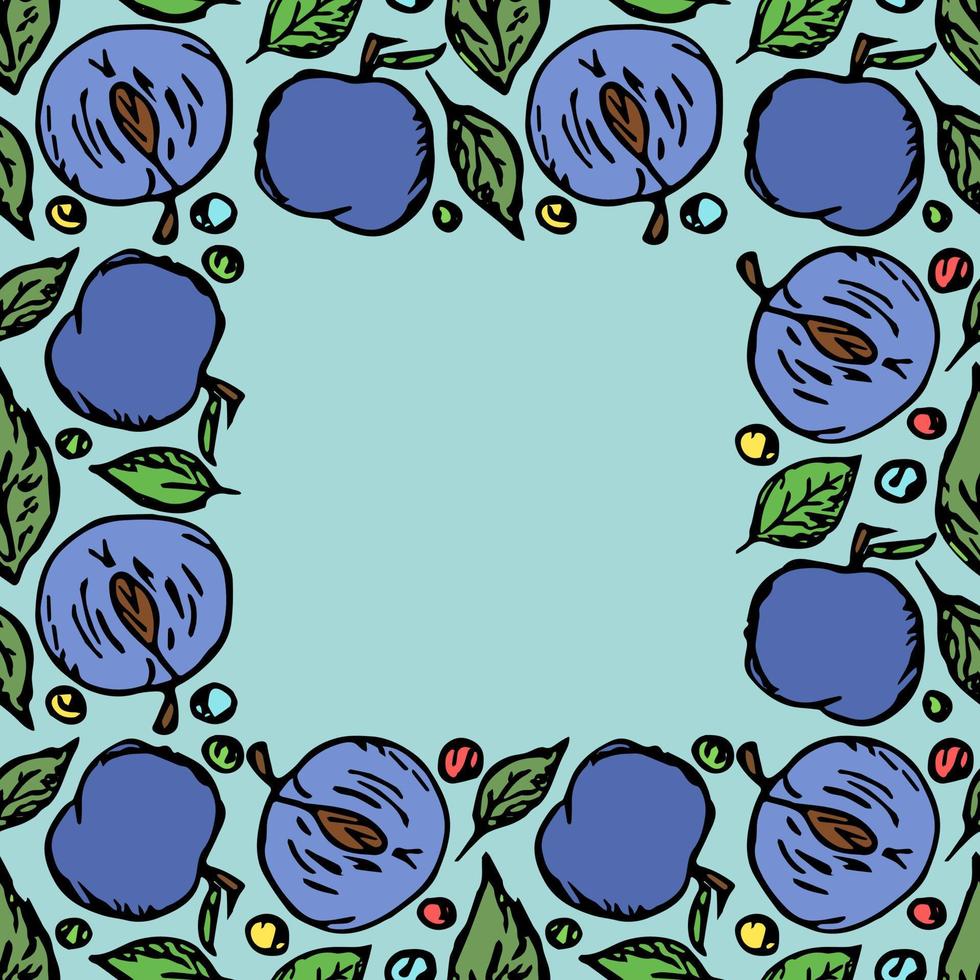 plum frame. Colored plum background with place for text. Doodle vector illustration with fruits