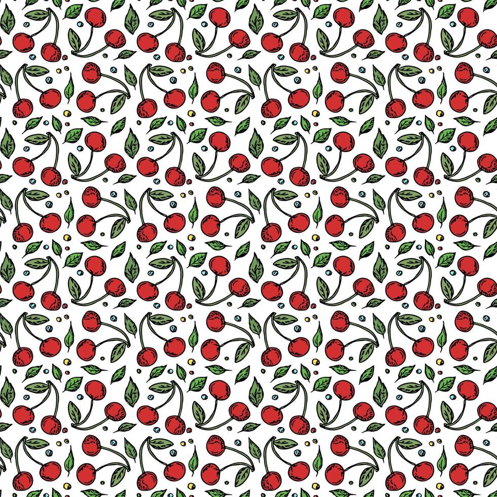 Seamless cherry pattern. Doodle vector with red cherry icons. Vintage cherry pattern