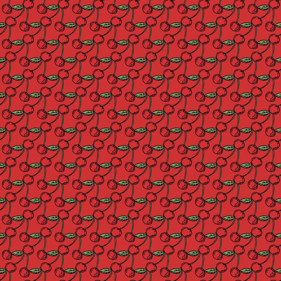 Seamless cherry pattern. Doodle vector with red cherry icons. Vintage cherry pattern