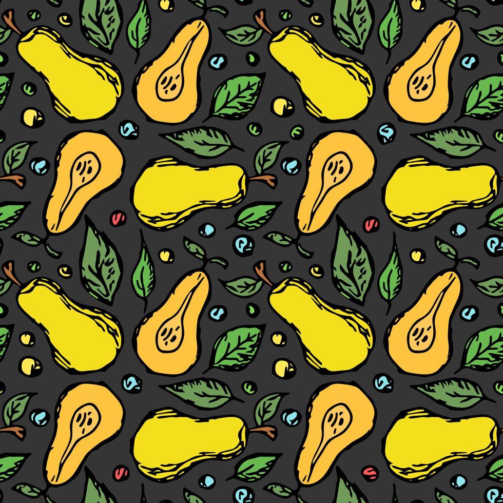 Seamless pear pattern. Colored pear background. Doodle vector illustration with fruits