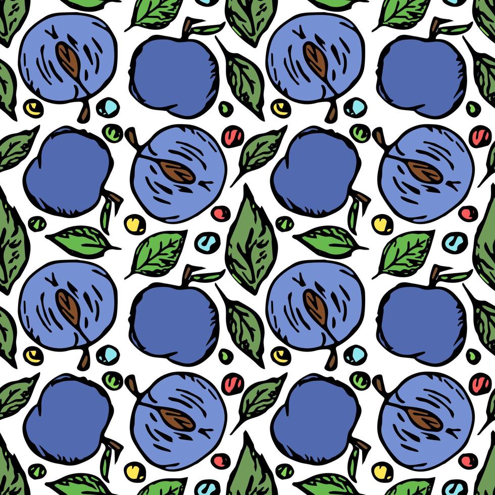 Seamless plum pattern. Colored plum background. Doodle vector illustration with fruits
