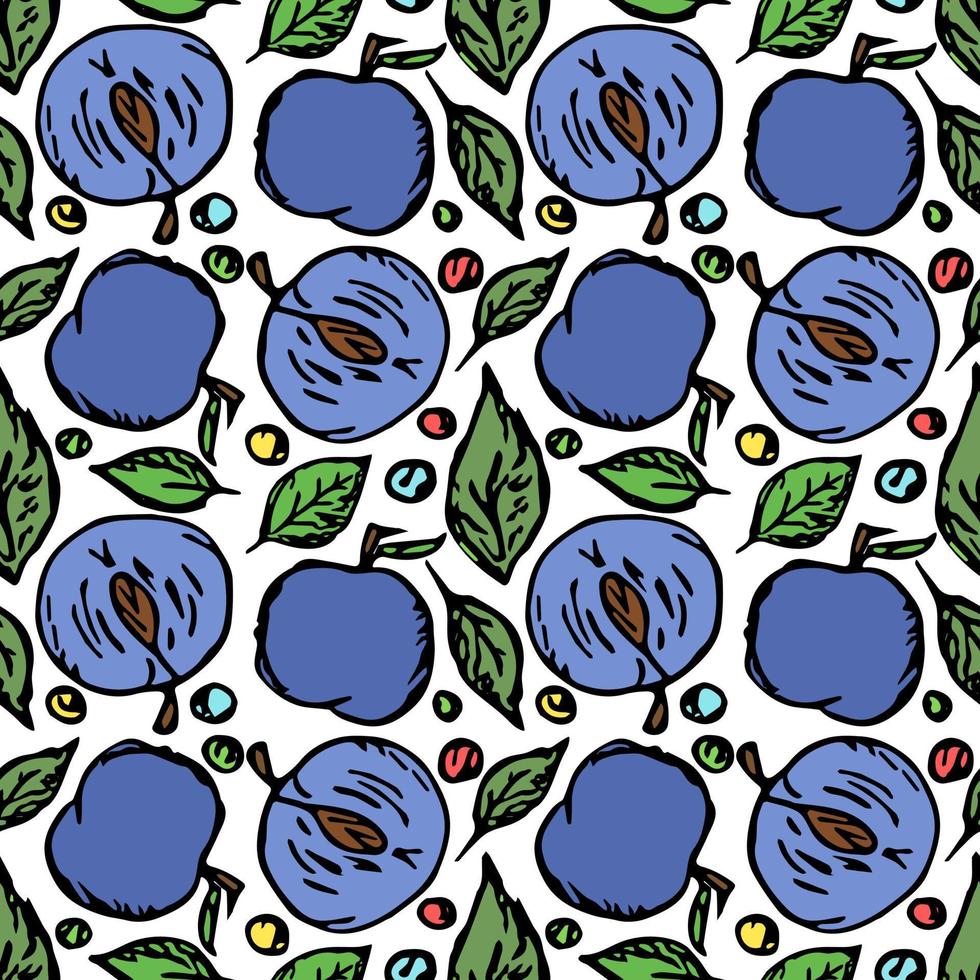 Seamless plum pattern. Colored plum background. Doodle vector illustration with fruits