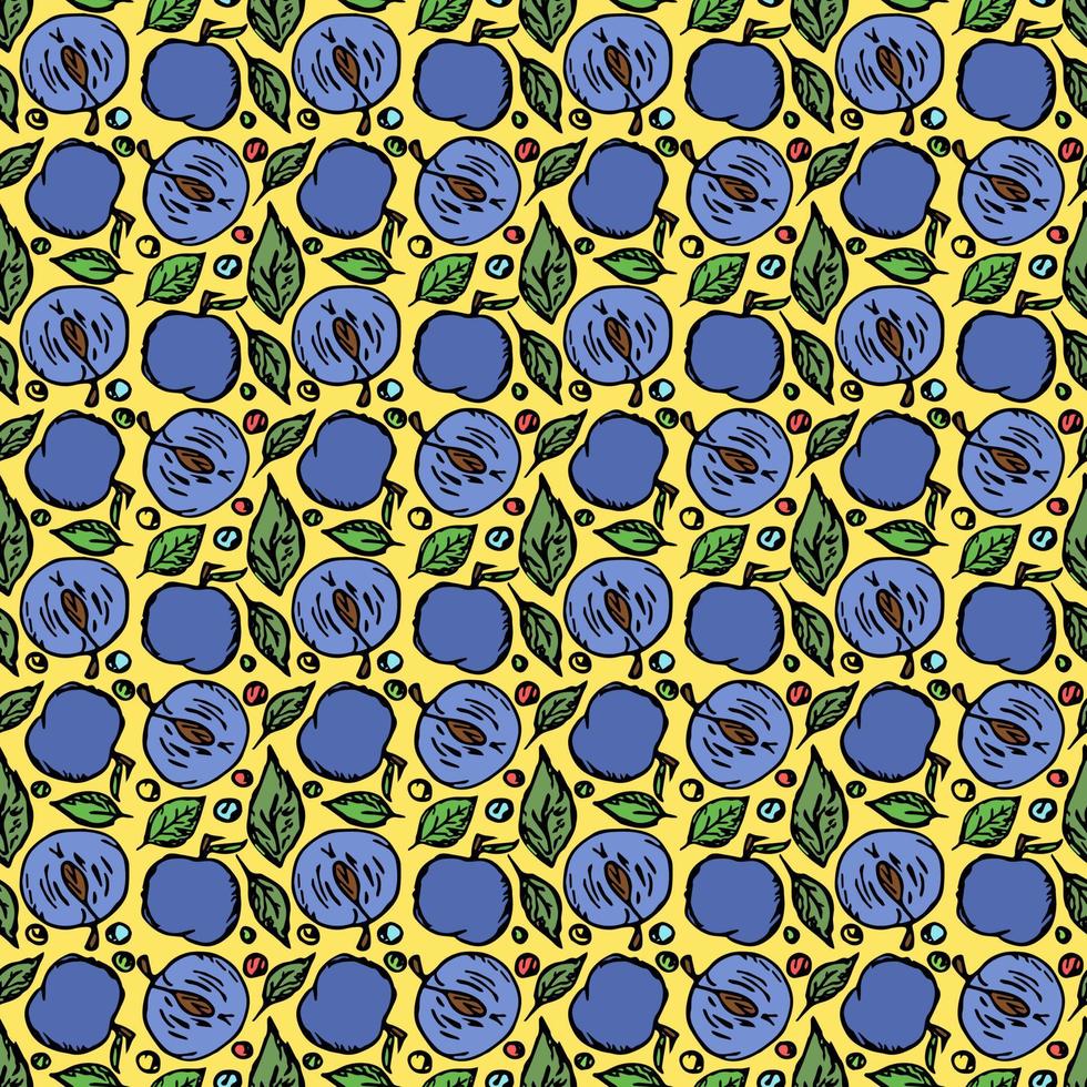 Seamless plum pattern. Colored plum background. Doodle vector illustration with fruits