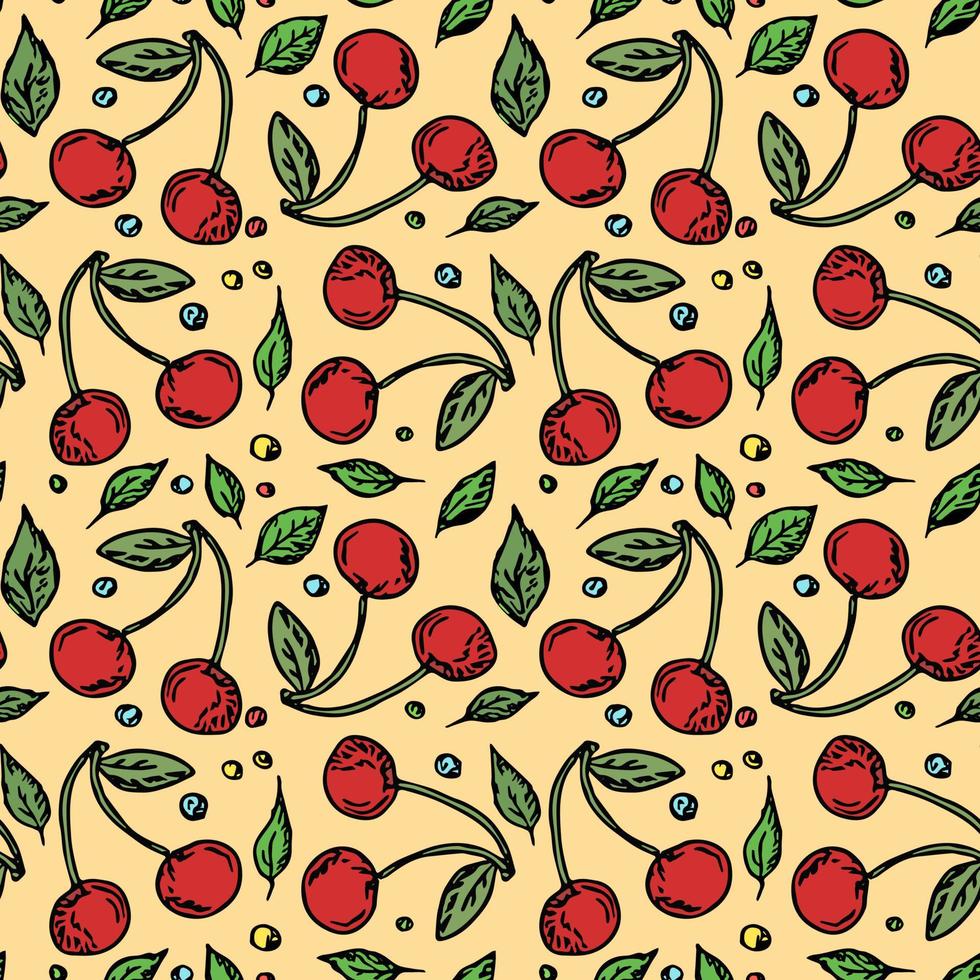 Seamless cherry pattern. Doodle vector with red cherry icons. Vintage cherry pattern