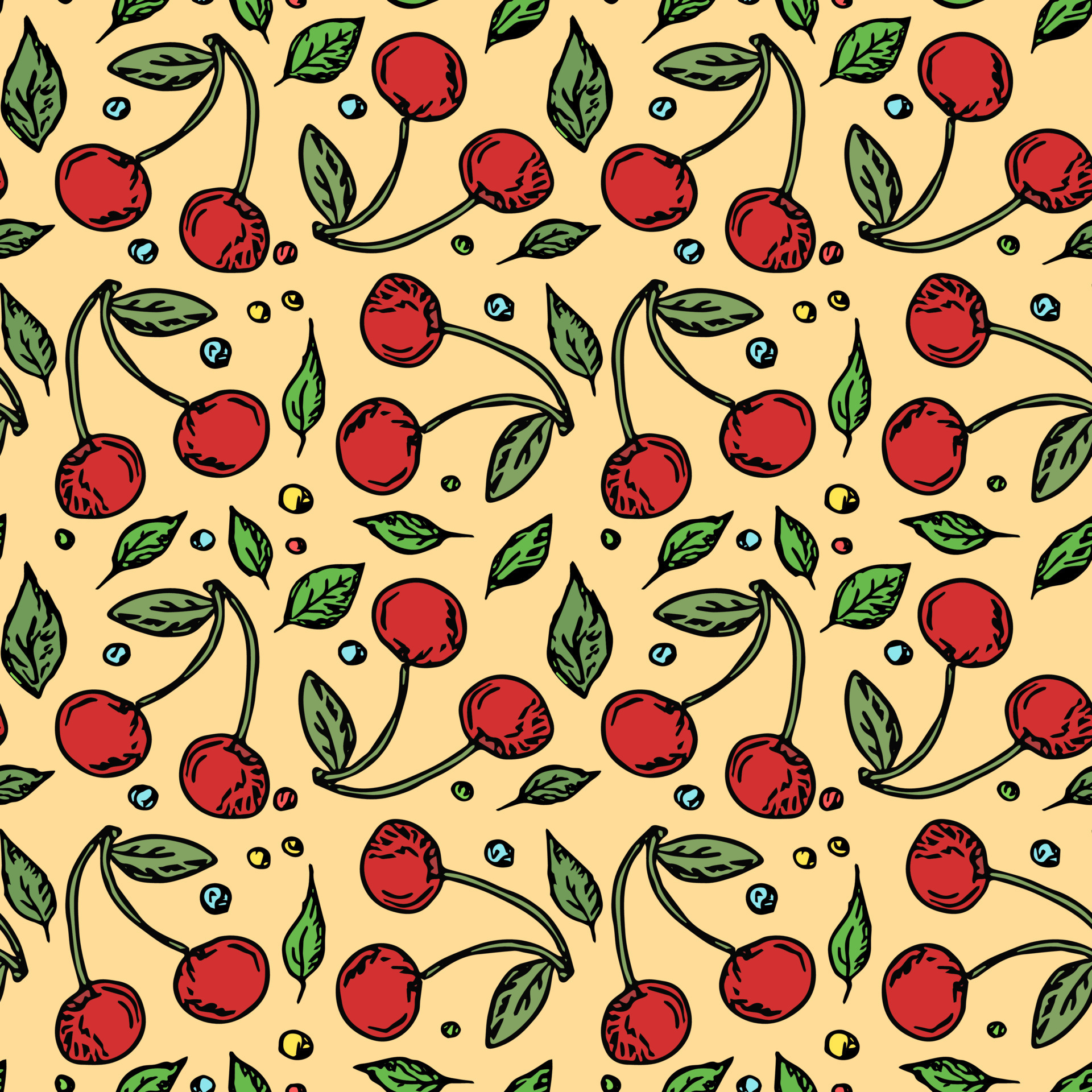 Seamless cherry pattern. Doodle vector with red cherry icons. Vintage ...