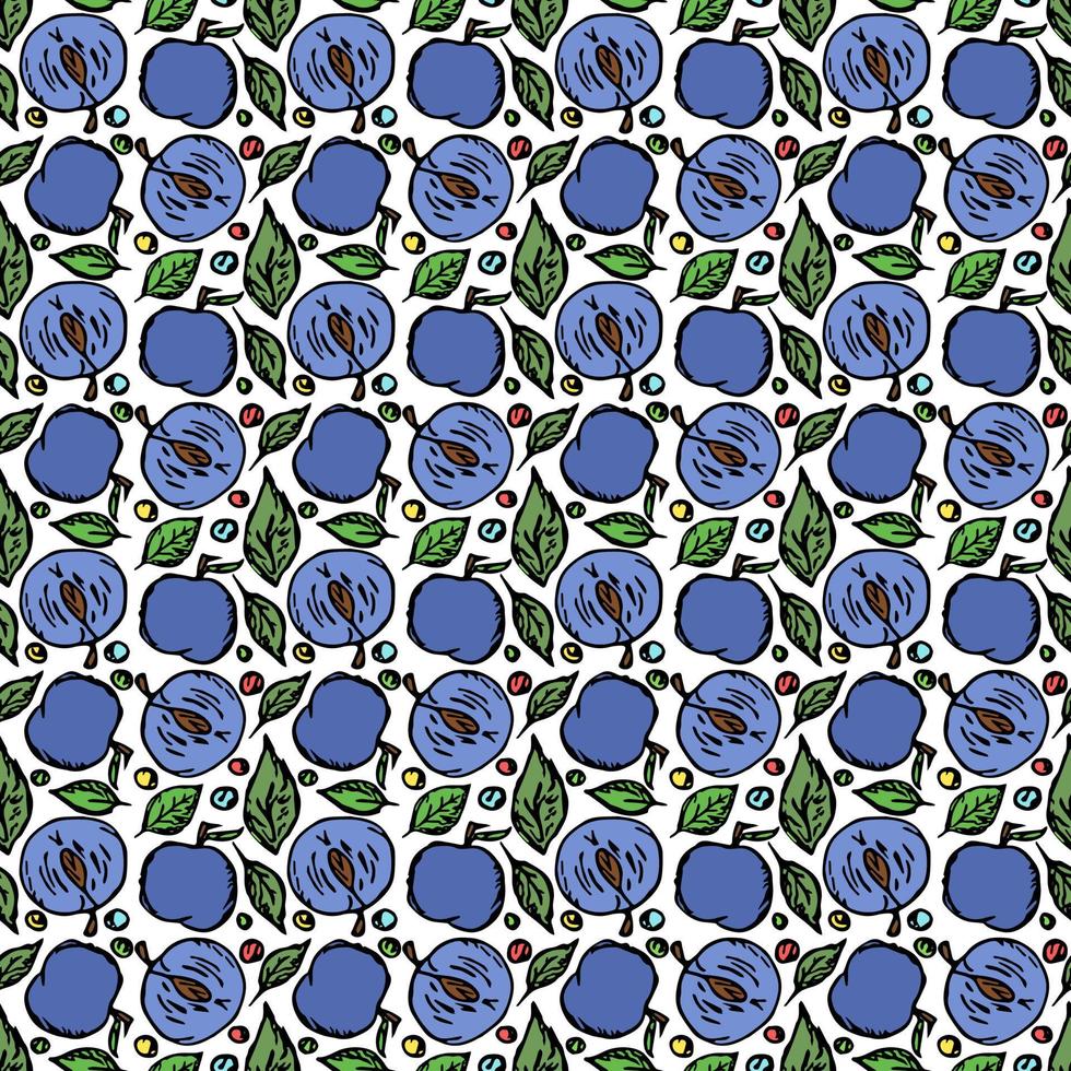 Seamless plum pattern. Colored plum background. Doodle vector illustration with fruits