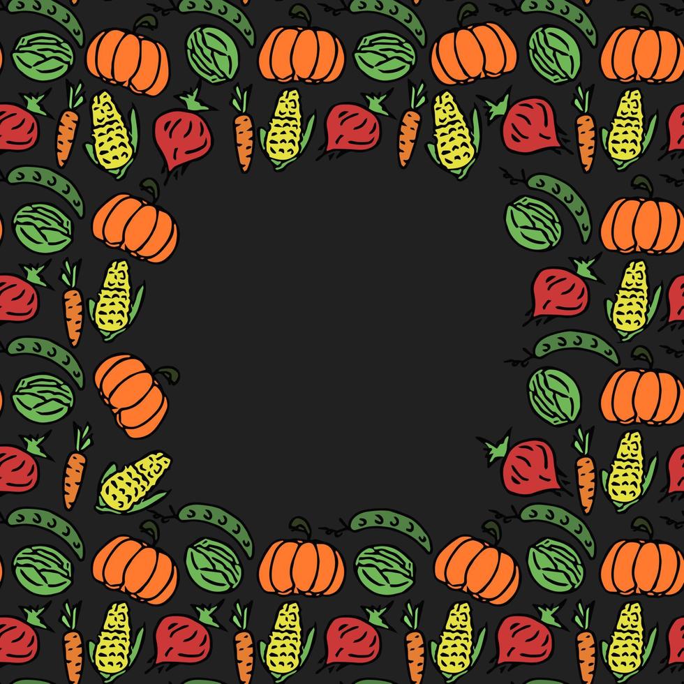 Seamless vegetables pattern with place for text. Colored doodle vegetables pattern. Food background vector