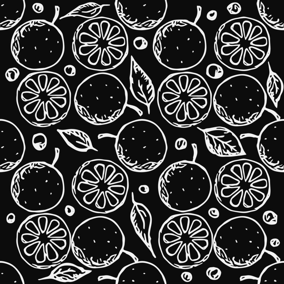 Seamless orange pattern. Black and white orange background. Doodle vector illustration with fruits