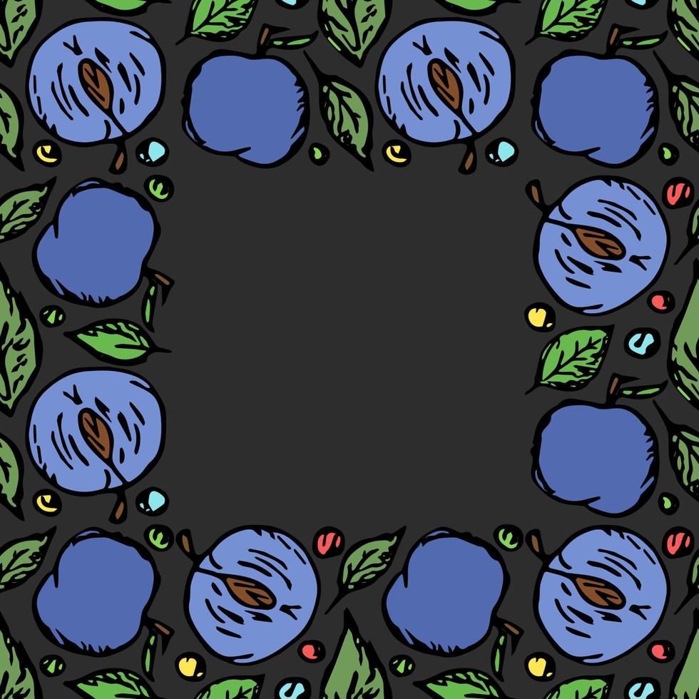 plum frame. Colored plum background with place for text. Doodle vector illustration with fruits