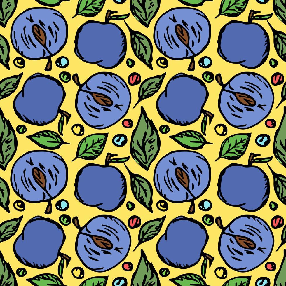 Seamless plum pattern. Colored plum background. Doodle vector illustration with fruits