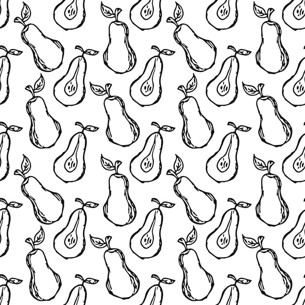 Seamless pear pattern. Black and white pear background. Doodle vector illustration with fruits