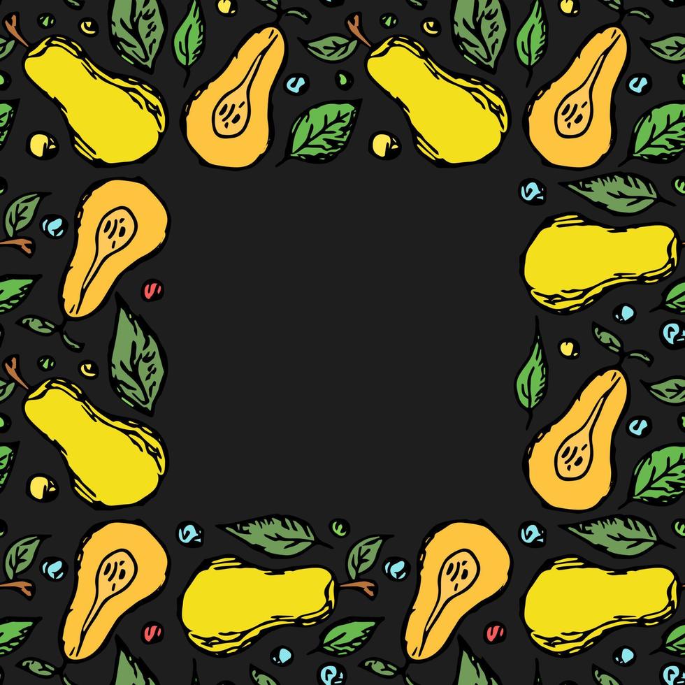 pear frame. Colored pear background with place for text. Doodle vector illustration with fruits