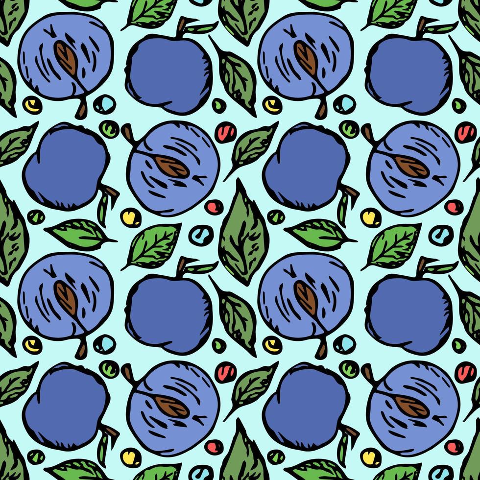 Seamless plum pattern. Colored plum background. Doodle vector illustration with fruits