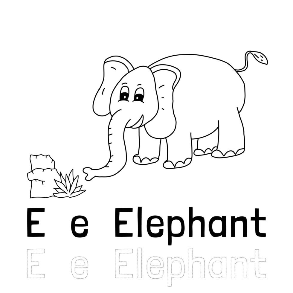 Alphabet letter e for elephant coloring page, coloring animal illustration vector
