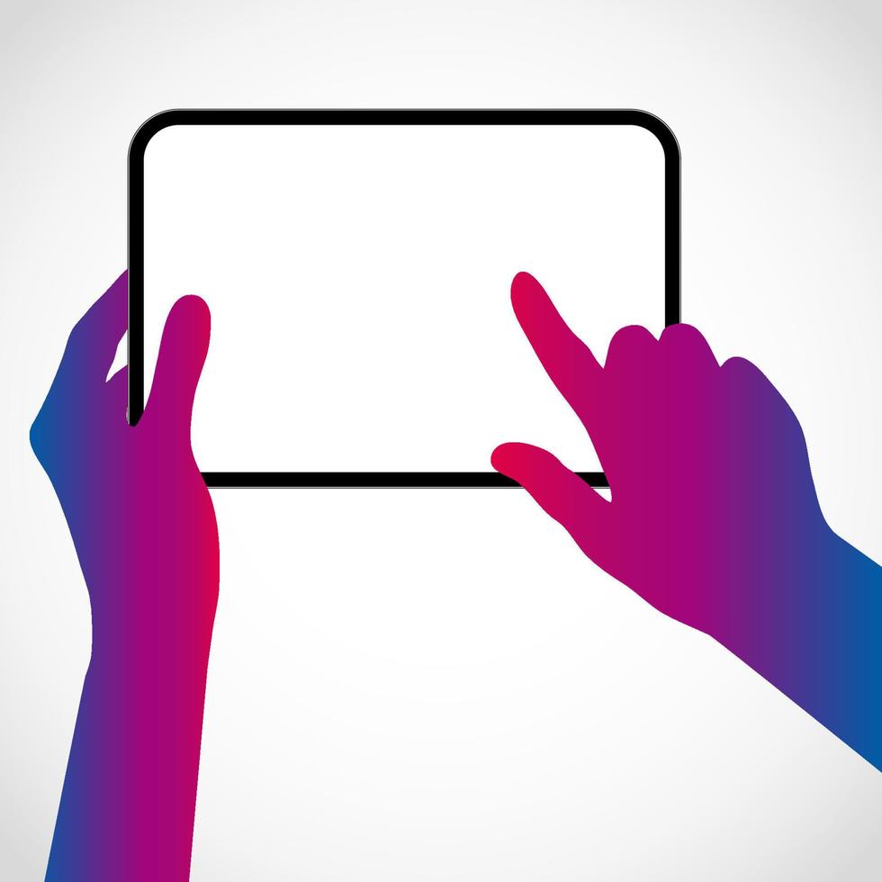 The hands hold the tablet pc and touch the screen with your finger. Vector silhouette illustration.