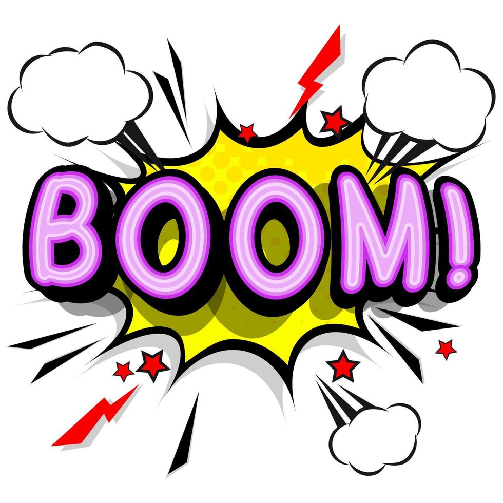 Boom - retro lettering with shadows, halftone pattern on retro poster  background. Vector bright illustration in vintage pop art style.