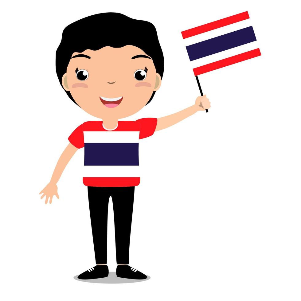 niño sonriente, muchacho, sosteniendo una bandera de Tailandia aislada sobre fondo blanco. mascota de dibujos animados vectoriales. ilustración de vacaciones al día del país, día de la independencia, día de la bandera. vector