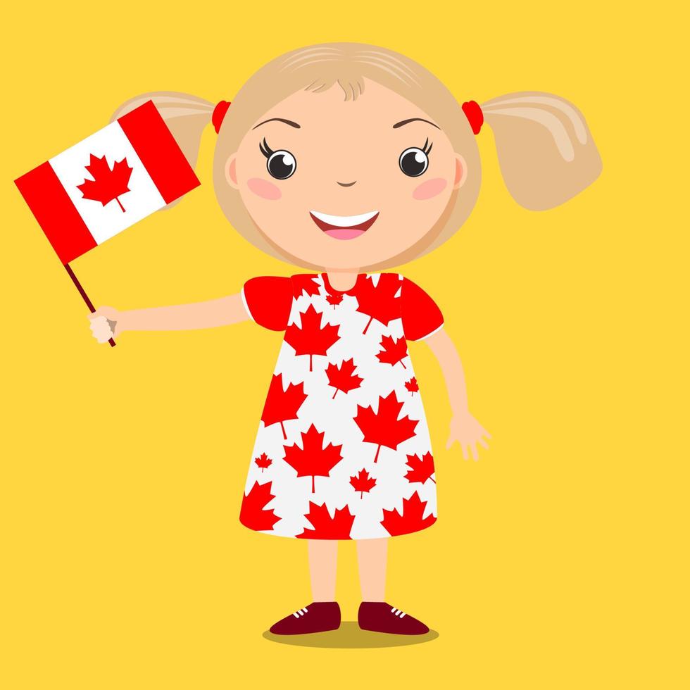 Smiling child, girl, holding a Canada flag isolated on yellow background. Vector cartoon mascot. Holiday illustration to the Day of the country, Independence Day, Flag Day.