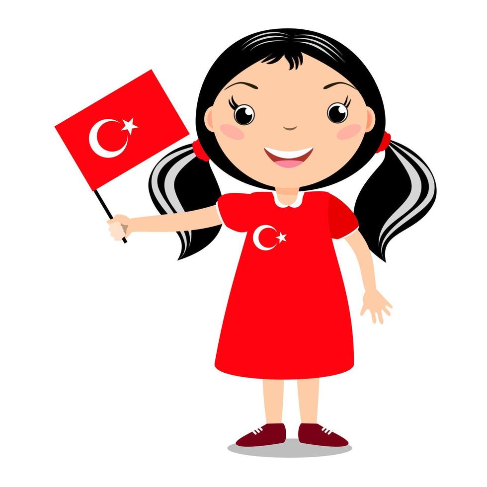 Smiling child, girl, holding a Turkey flag isolated on white background. Vector cartoon mascot. Holiday illustration to the Day of the country, Independence Day, Flag Day.
