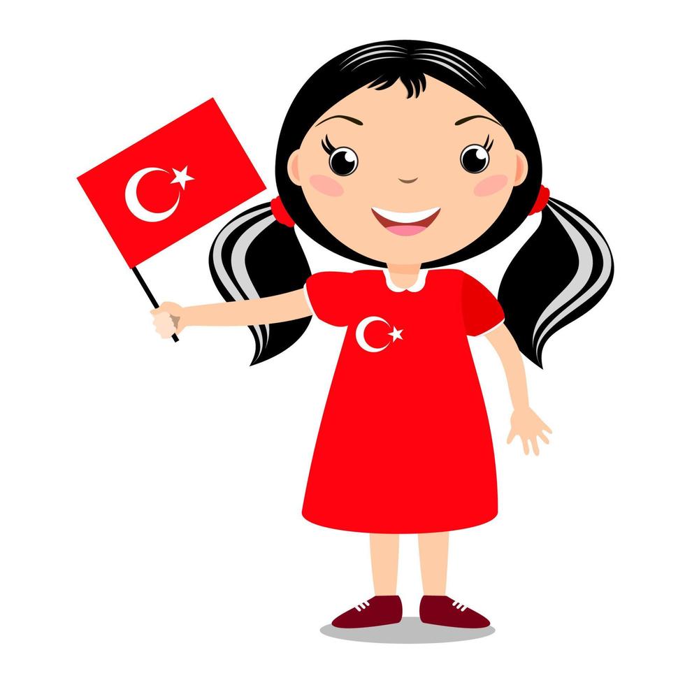 niño sonriente, niña, sosteniendo una bandera de Turquía aislada sobre fondo blanco. mascota de dibujos animados vectoriales. ilustración de vacaciones al día del país, día de la independencia, día de la bandera. vector