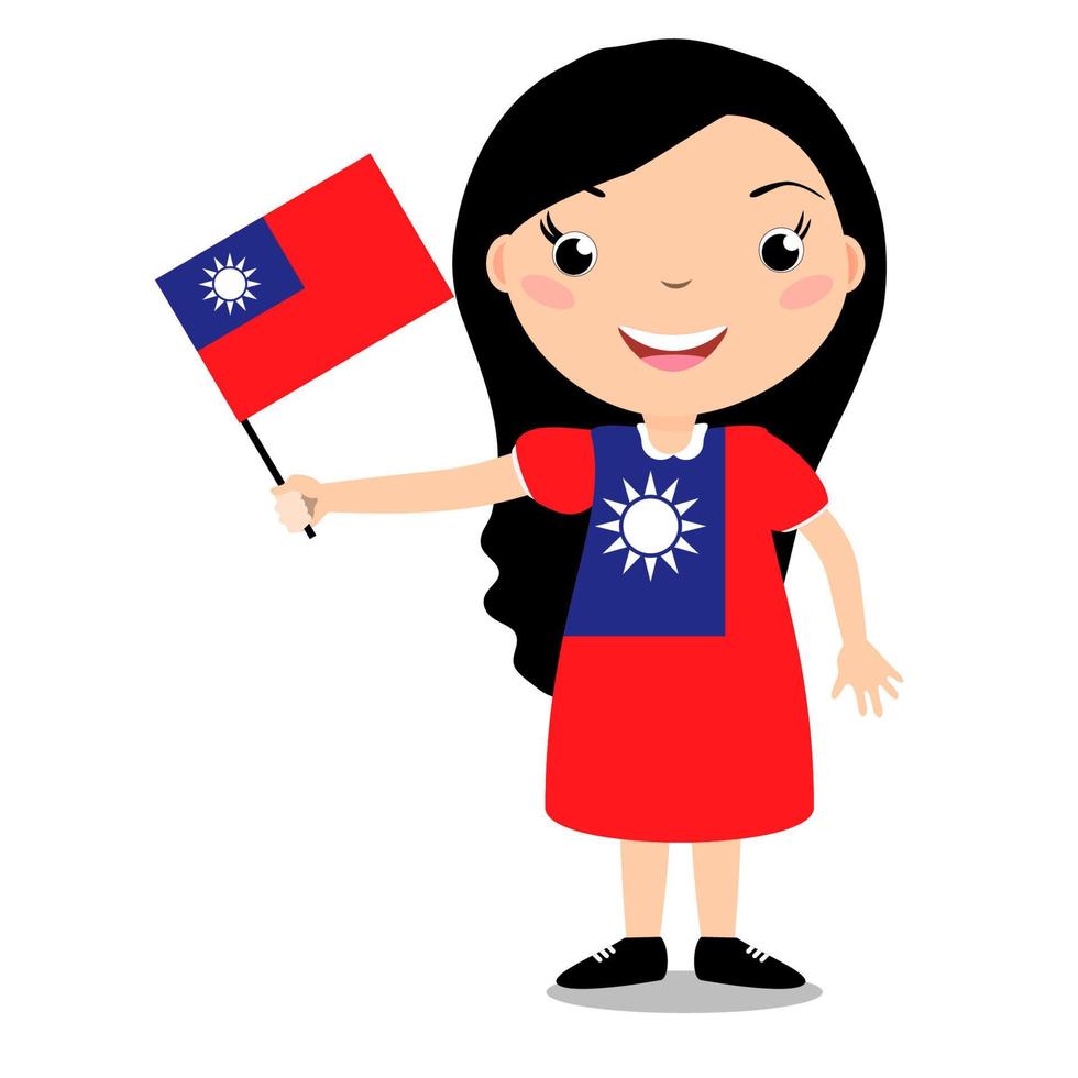Smiling child, girl, holding a Taiwan flag isolated on white background. Vector cartoon mascot. Holiday illustration to the Day of the country, Independence Day, Flag Day.