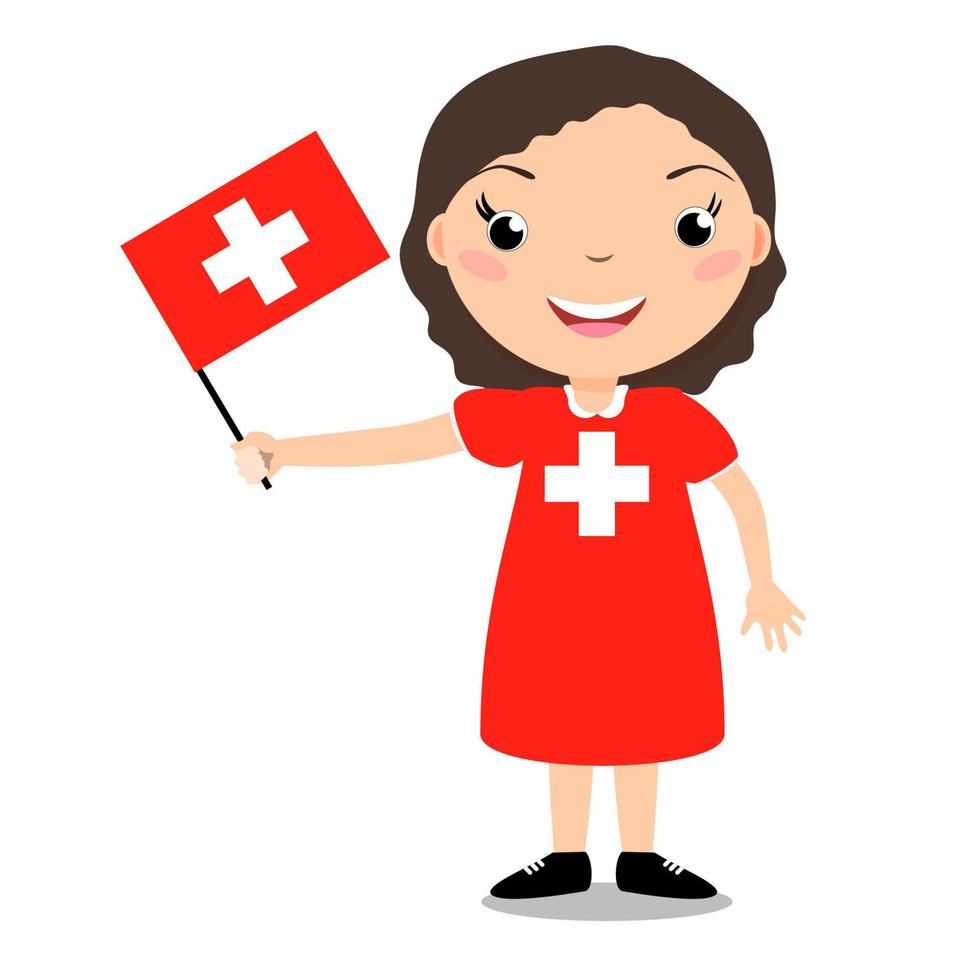 Smiling child, girl, holding a Switzerland flag isolated on white background. Vector cartoon mascot. Holiday illustration to the Day of the country, Independence Day, Flag Day.